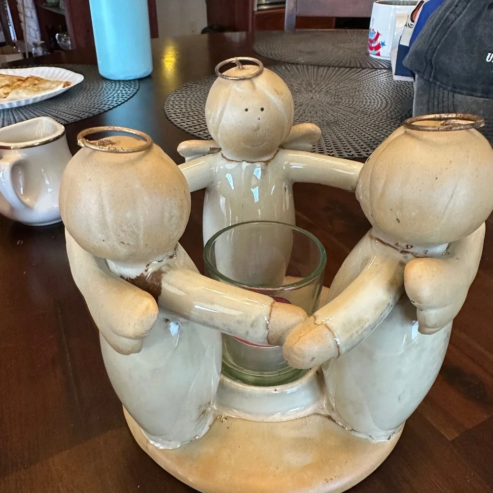Angel Circle Candle Holder Vintage Tan Ceramic Clay Votive‎ Centerpiece 6.5in